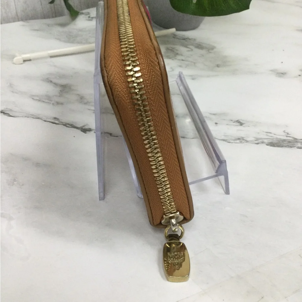GUC MCM Leather Zip-Around Wallet in Cognac with Pink Stripe